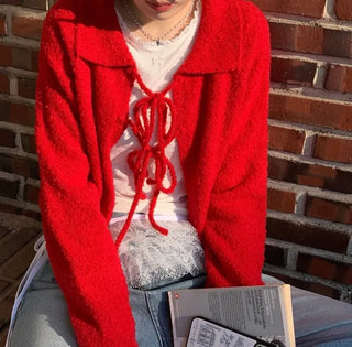Cherry Vintage Lovely Double Ribbon Collar Neck Boucle Loose Fit Knit Cardigan