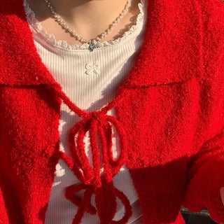 Cherry Vintage Lovely Double Ribbon Collar Neck Boucle Loose Fit Knit Cardigan