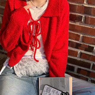Cherry Vintage Lovely Double Ribbon Collar Neck Boucle Loose Fit Knit Cardigan