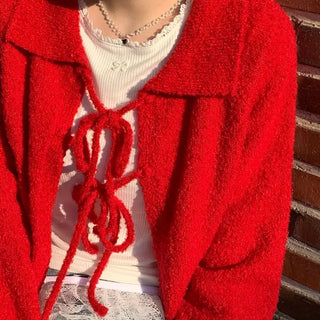 Cherry Vintage Lovely Double Ribbon Collar Neck Boucle Loose Fit Knit Cardigan