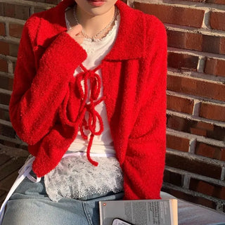 Cherry Vintage Lovely Double Ribbon Collar Neck Boucle Loose Fit Knit Cardigan