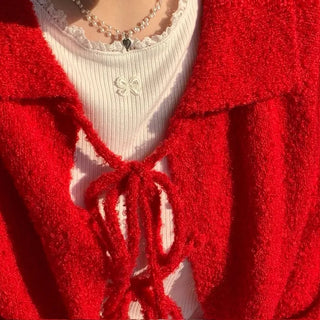 Cherry Vintage Lovely Double Ribbon Collar Neck Boucle Loose Fit Knit Cardigan