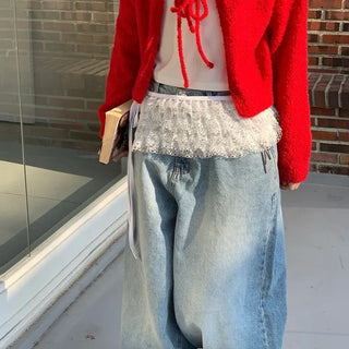 Cherry Vintage Lovely Double Ribbon Collar Neck Boucle Loose Fit Knit Cardigan