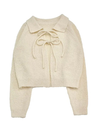 Cherry Vintage Lovely Double Ribbon Collar Neck Boucle Loose Fit Knit Cardigan