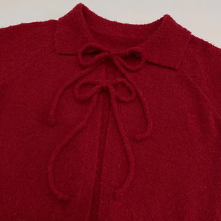 Cherry Vintage Lovely Double Ribbon Collar Neck Boucle Loose Fit Knit Cardigan