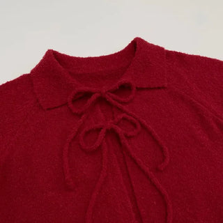 Cherry Vintage Lovely Double Ribbon Collar Neck Boucle Loose Fit Knit Cardigan