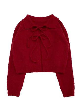 Cherry Vintage Lovely Double Ribbon Collar Neck Boucle Loose Fit Knit Cardigan