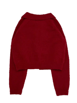 Cherry Vintage Lovely Double Ribbon Collar Neck Boucle Loose Fit Knit Cardigan