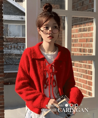 Cherry Vintage Lovely Double Ribbon Collar Neck Boucle Loose Fit Knit Cardigan