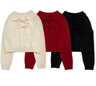 Cherry Vintage Lovely Double Ribbon Collar Neck Boucle Loose Fit Knit Cardigan