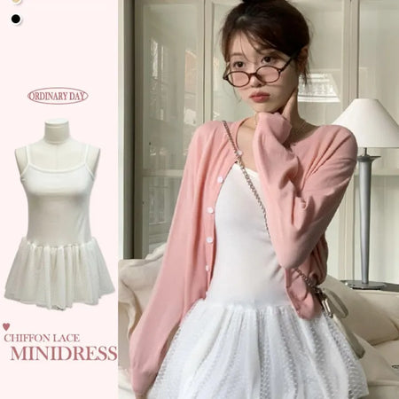 Ariel Dot Chiffon Lace Frill Cancan Layered Bustier Mini Dress Mini One Piece