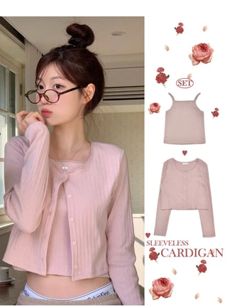 Roselyn Flower Punching Lace Sleeveless Nashi Cardigan Set
