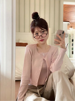 Roselyn Flower Punching Lace Sleeveless Nashi Cardigan Set