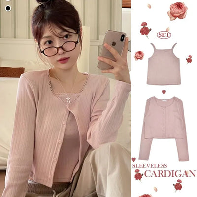 Roselyn Flower Punching Lace Sleeveless Nashi Cardigan Set