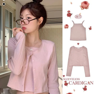 Roselyn Flower Punching Lace Sleeveless Nashi Cardigan Set