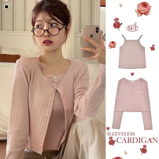 Roselyn Flower Punching Lace Sleeveless Nashi Cardigan Set