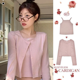 Roselyn Flower Punching Lace Sleeveless Nashi Cardigan Set