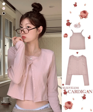 Roselyn Flower Punching Lace Sleeveless Nashi Cardigan Set