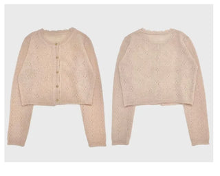 Gloy Vintage Lovely Loose Fit Flower Punching Button Wave Wool Knit Cardigan