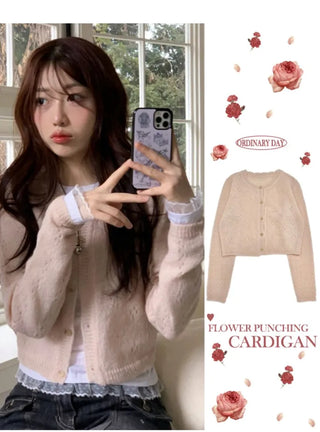 Gloy Vintage Lovely Loose Fit Flower Punching Button Wave Wool Knit Cardigan