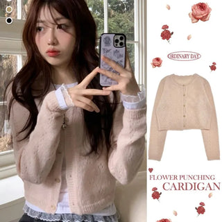 Gloy Vintage Lovely Loose Fit Flower Punching Button Wave Wool Knit Cardigan