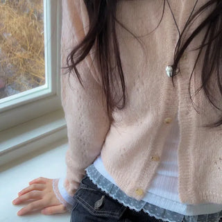 Gloy Vintage Lovely Loose Fit Flower Punching Button Wave Wool Knit Cardigan
