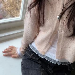 Gloy Vintage Lovely Loose Fit Flower Punching Button Wave Wool Knit Cardigan