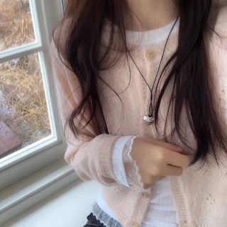 Gloy Vintage Lovely Loose Fit Flower Punching Button Wave Wool Knit Cardigan