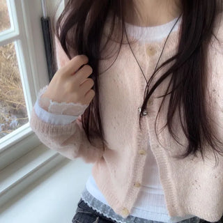 Gloy Vintage Lovely Loose Fit Flower Punching Button Wave Wool Knit Cardigan