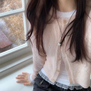 Gloy Vintage Lovely Loose Fit Flower Punching Button Wave Wool Knit Cardigan