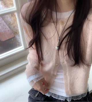 Gloy Vintage Lovely Loose Fit Flower Punching Button Wave Wool Knit Cardigan