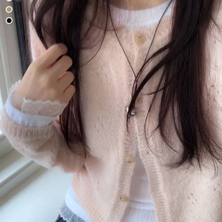 Gloy Vintage Lovely Loose Fit Flower Punching Button Wave Wool Knit Cardigan