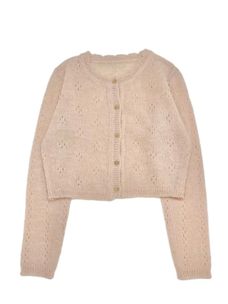 Gloy Vintage Lovely Loose Fit Flower Punching Button Wave Wool Knit Cardigan
