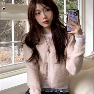 Gloy Vintage Lovely Loose Fit Flower Punching Button Wave Wool Knit Cardigan
