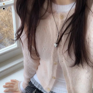 Gloy Vintage Lovely Loose Fit Flower Punching Button Wave Wool Knit Cardigan