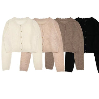Gloy Vintage Lovely Loose Fit Flower Punching Button Wave Wool Knit Cardigan
