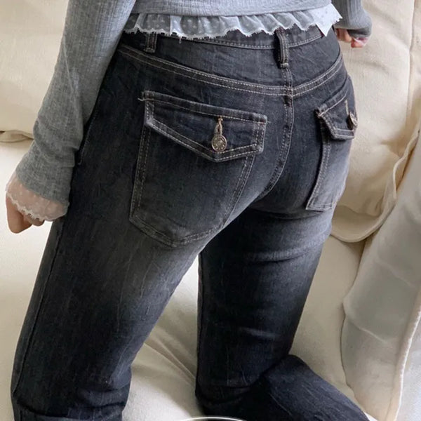 Selly Glam Line Volume Back Pocket Vintage Washed Flap Button Crack Bootcut Jeans Denim Long Pants