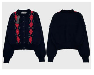 Lebon Two-tone Argyle Pattern Slim Fit Ribbed Collar Neck Cashmere Wool Knit Button Cardigan