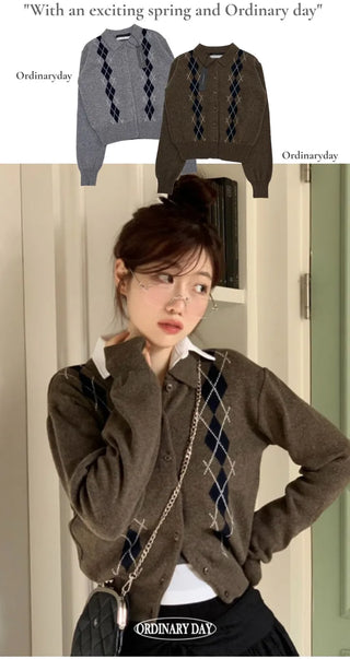 Lebon Two-tone Argyle Pattern Slim Fit Ribbed Collar Neck Cashmere Wool Knit Button Cardigan