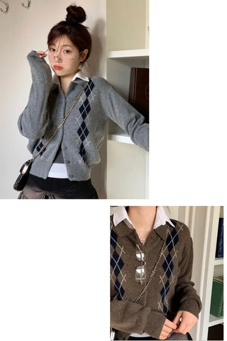 Lebon Two-tone Argyle Pattern Slim Fit Ribbed Collar Neck Cashmere Wool Knit Button Cardigan