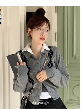 Lebon Two-tone Argyle Pattern Slim Fit Ribbed Collar Neck Cashmere Wool Knit Button Cardigan