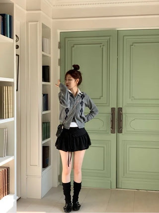 Lebon Two-tone Argyle Pattern Slim Fit Ribbed Collar Neck Cashmere Wool Knit Button Cardigan