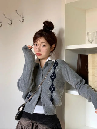 Lebon Two-tone Argyle Pattern Slim Fit Ribbed Collar Neck Cashmere Wool Knit Button Cardigan