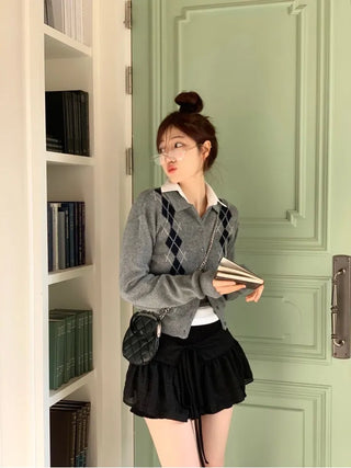 Lebon Two-tone Argyle Pattern Slim Fit Ribbed Collar Neck Cashmere Wool Knit Button Cardigan