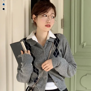 Lebon Two-tone Argyle Pattern Slim Fit Ribbed Collar Neck Cashmere Wool Knit Button Cardigan