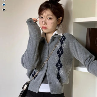 Lebon Two-tone Argyle Pattern Slim Fit Ribbed Collar Neck Cashmere Wool Knit Button Cardigan