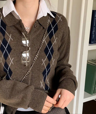 Lebon Two-tone Argyle Pattern Slim Fit Ribbed Collar Neck Cashmere Wool Knit Button Cardigan