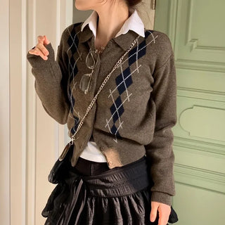 Lebon Two-tone Argyle Pattern Slim Fit Ribbed Collar Neck Cashmere Wool Knit Button Cardigan