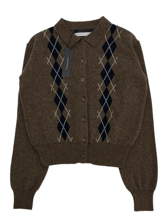 Lebon Two-tone Argyle Pattern Slim Fit Ribbed Collar Neck Cashmere Wool Knit Button Cardigan