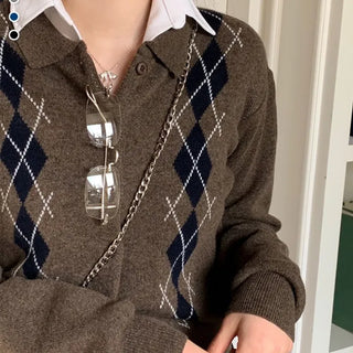 Lebon Two-tone Argyle Pattern Slim Fit Ribbed Collar Neck Cashmere Wool Knit Button Cardigan